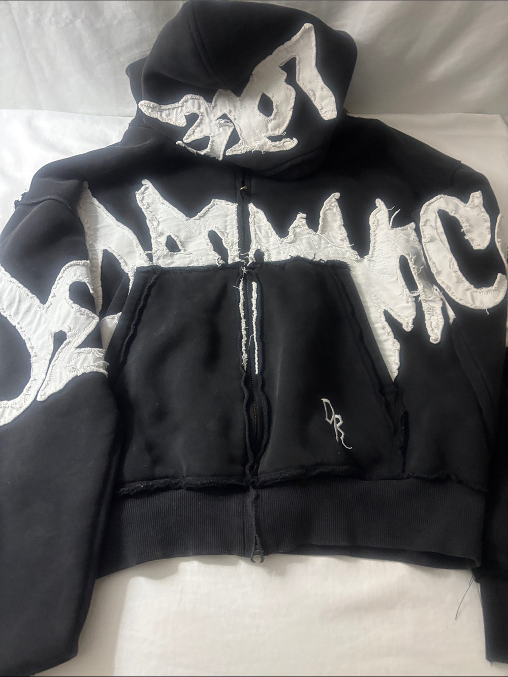 Black Graphic Pullover Hoodie with White Appliqué Dead Romance Apparel.